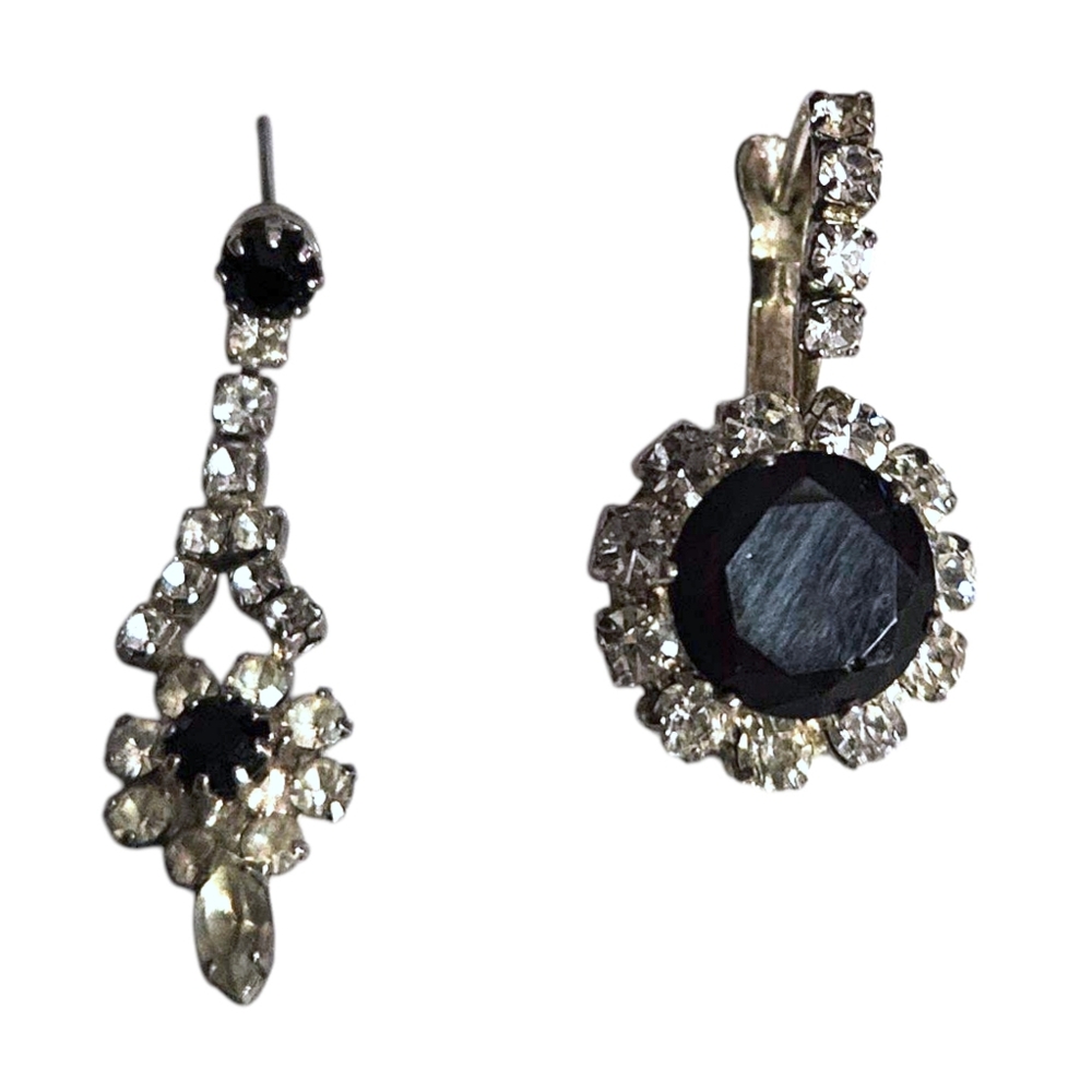 Asymmetrical Rhinestone Earrings Black Silver Mis-matched Pair